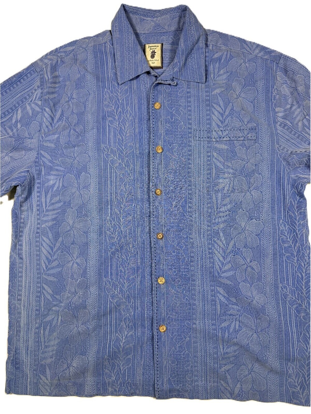 Jamaica Jaxx Men's Short Sleeve Silk Camp Shirt Large Blue Tropical Print